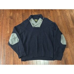 Orvis Sweater Wool Cashmere Pullover Shawl Collar Buttons Patches Blue Size XXL